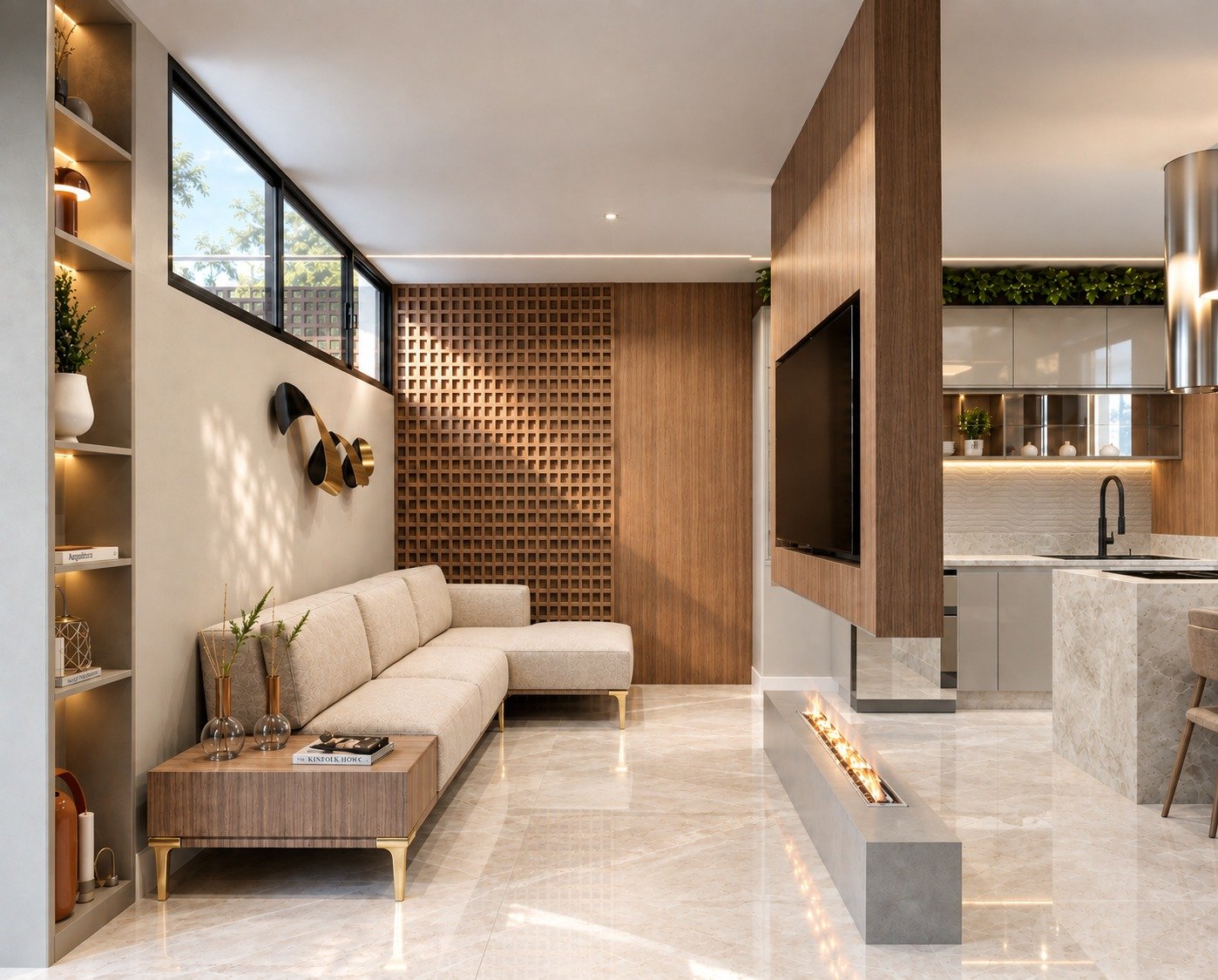 Sala integrada à cozinha da Residência L e D