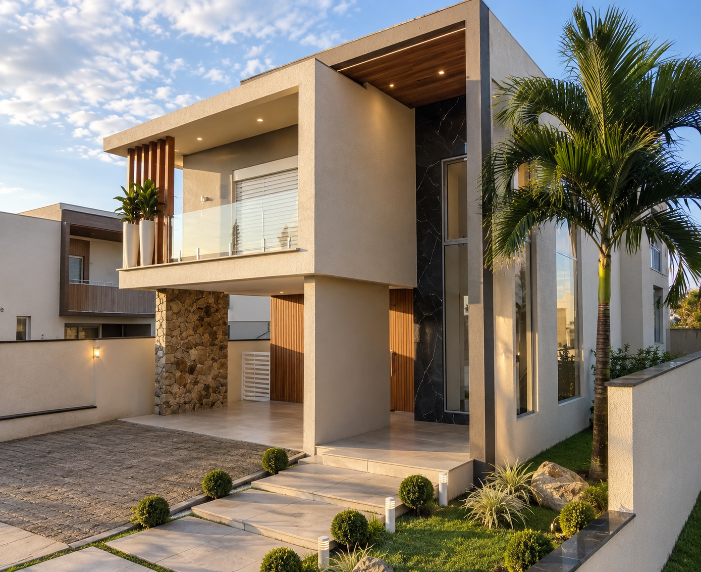 Fachada principal da Residência P e F, com entrada, palmeira e jardim