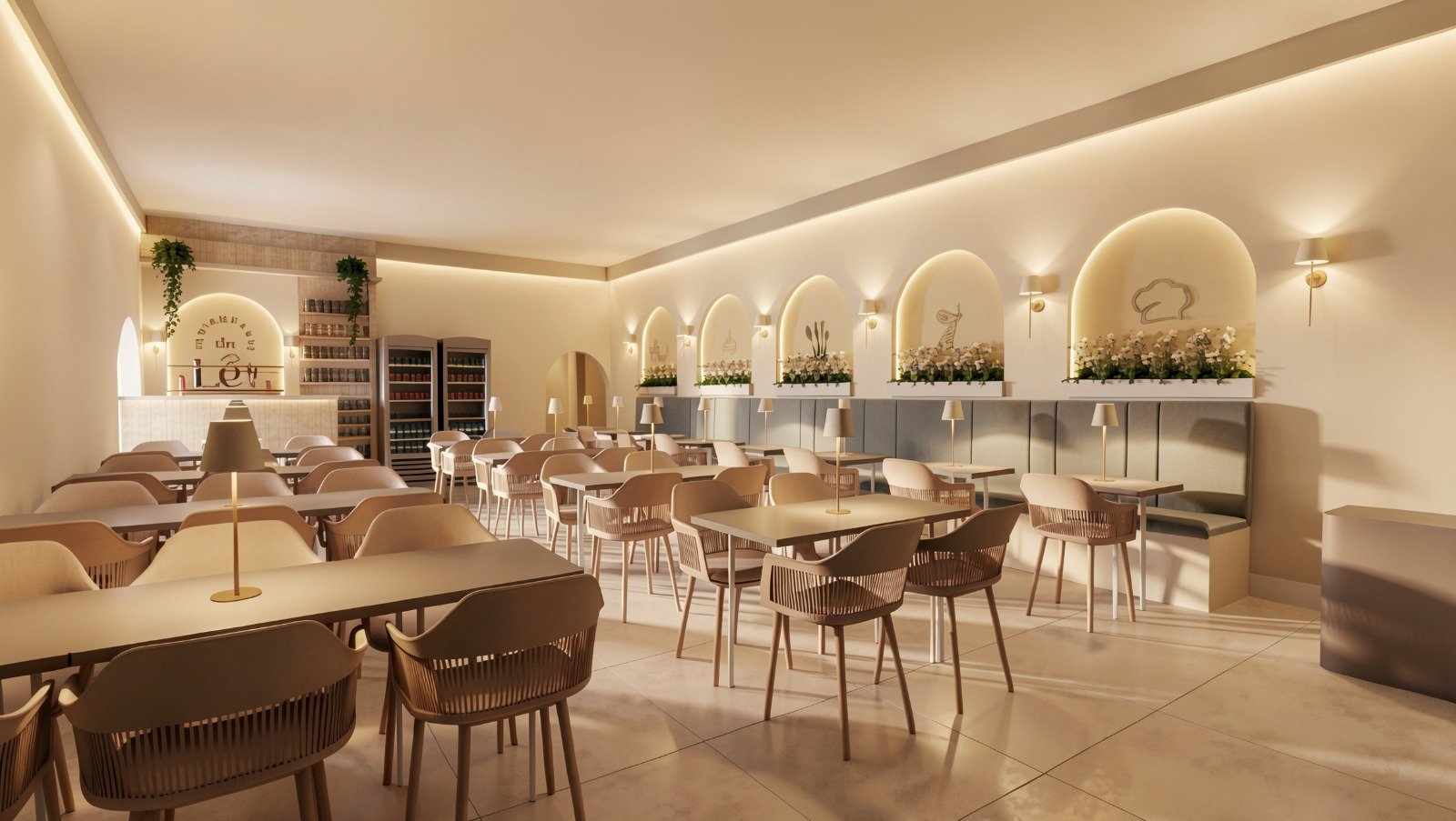 Visão ampla do salão vazio do Restaurante, com mesas e arcos iluminados